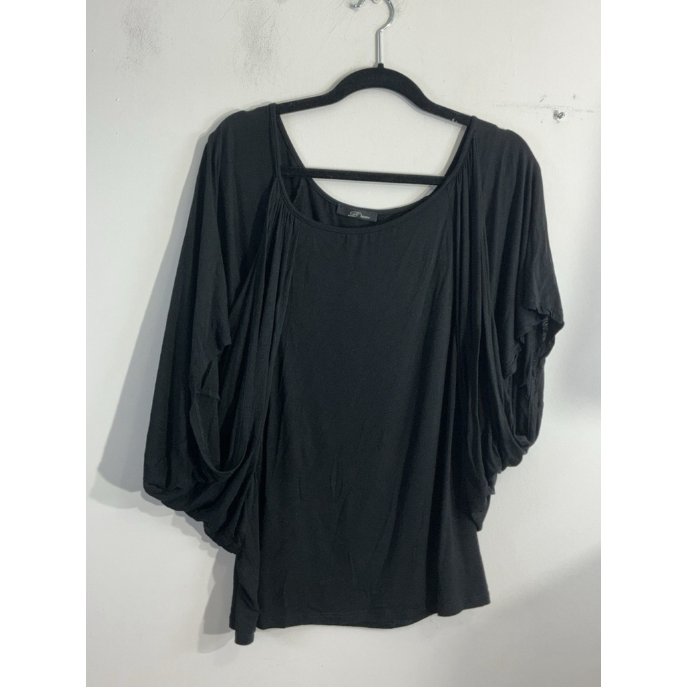 Womans B’leev Black Scoop Neck Short Flowy Scrunch Sleeves Pullover Blouse M